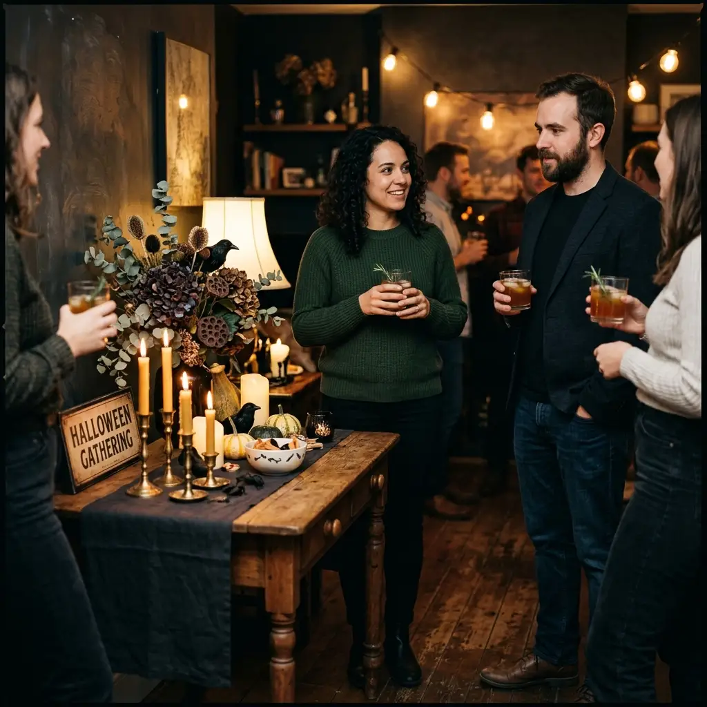 Guests standing and holding drinks around a decorated side table at a dark Halloween gathering