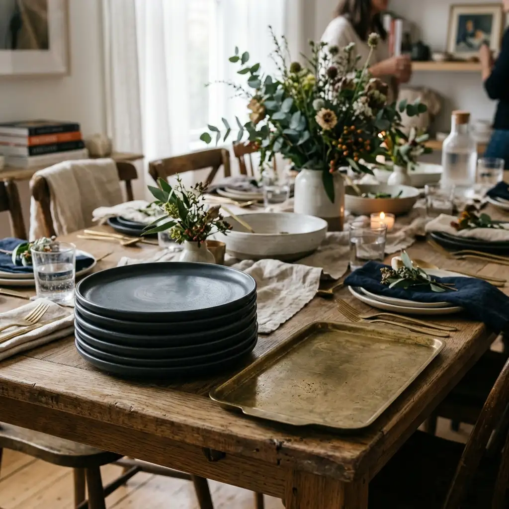 Stack of dark plates and an empty tray holding the front edge of a styled party table
