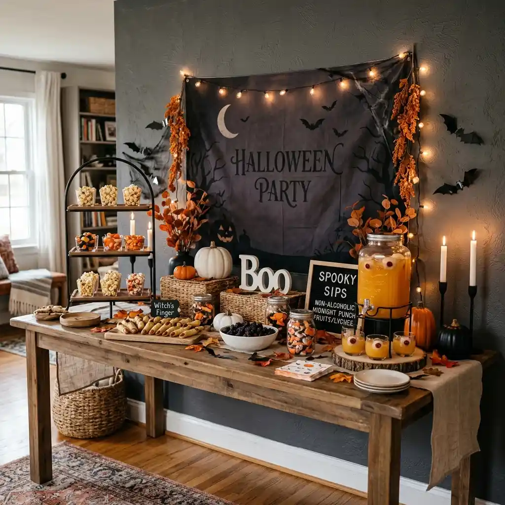Halloween party decorations arranged on a buffet against a wall, with a backdrop, tall stand and clear front edge