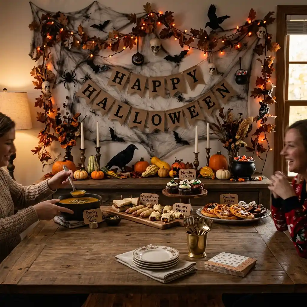 Halloween buffet with decor climbing the wall behind it and only the back edge of the table styled