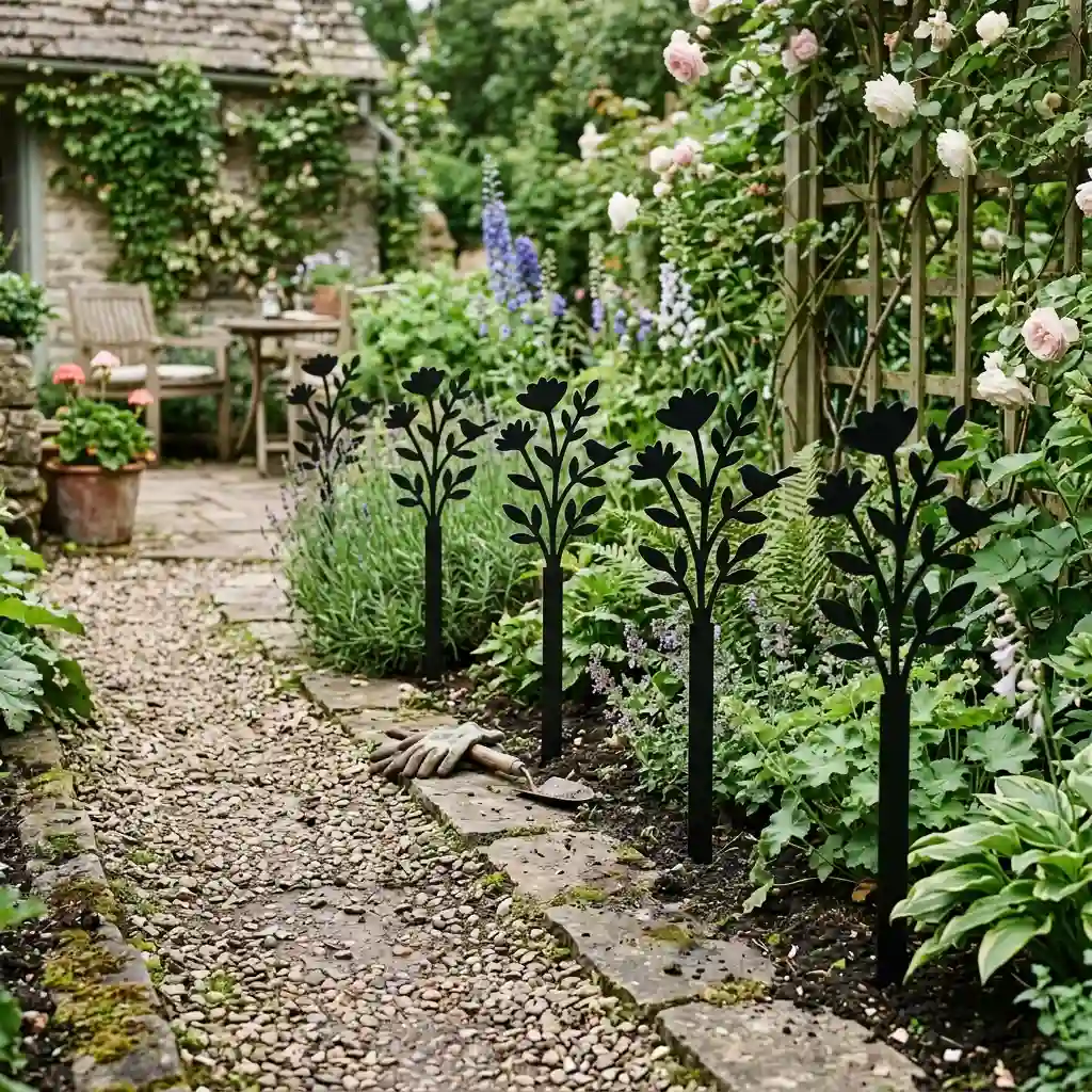 Matching black silhouette stakes spaced evenly along one side of a garden path