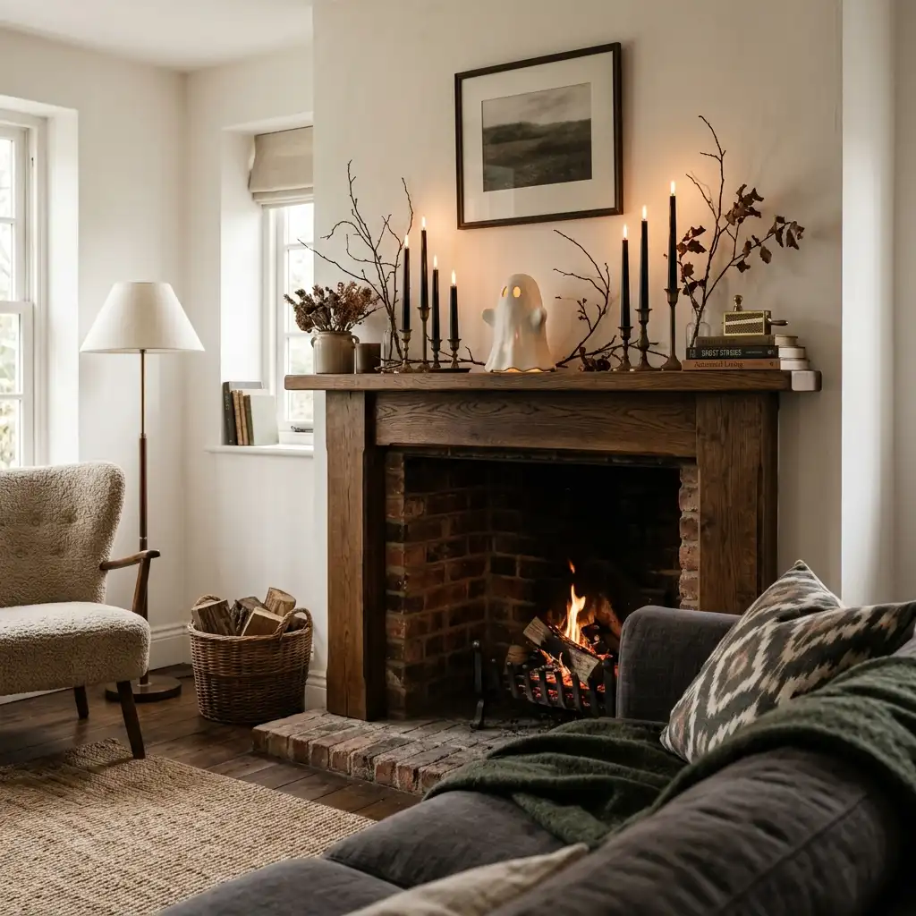 View from a sofa toward a mantel holding one ghost figure surrounded by black candles and bare branches