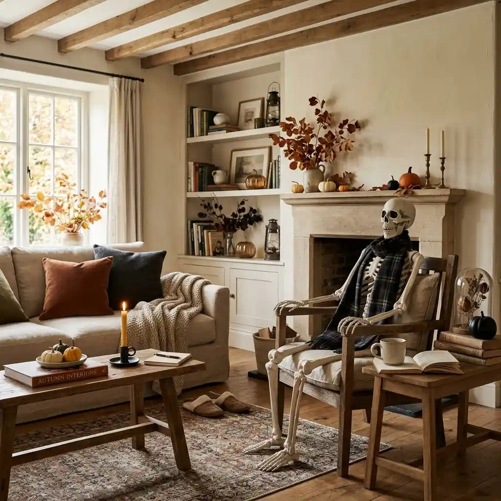 Living room styled with Halloween props where a single skeleton is the only object with a face