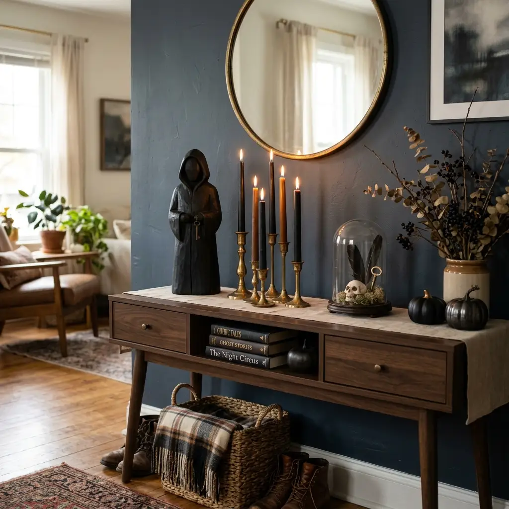 Styled home entry console with a hooded reaper figure, brass candlesticks holding black and amber tapers, a glass cloche over a skull, black pumpkins and gothic story books below a round brass mirror