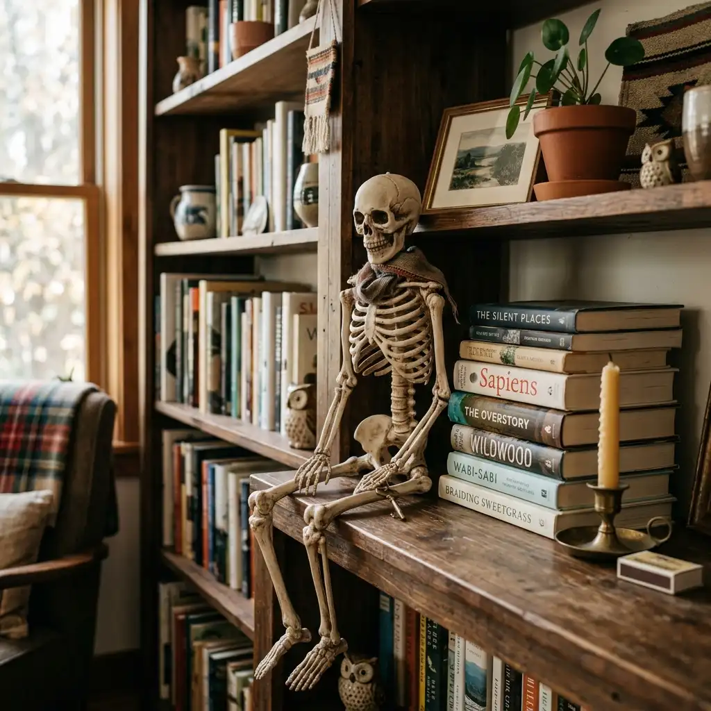 Two-foot skeleton figure seated on a bookshelf beside stacked books and a small brass candle holder