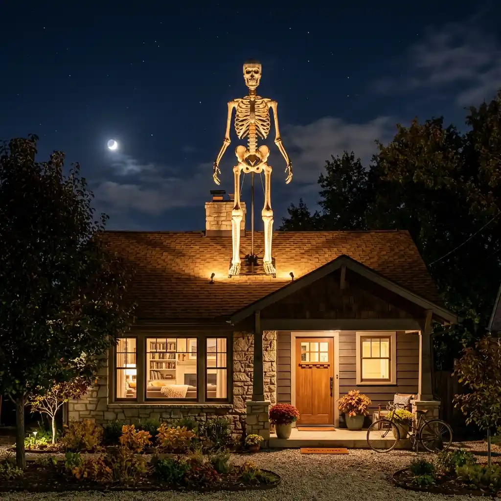 Twelve-foot skeleton standing above the roofline of a single-story house, lit from below against the night sky