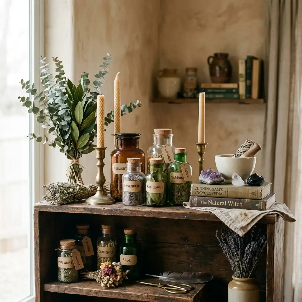 Witchy shelf with labelled apothecary jars of mugwort, lavender, bay and yarrow, beeswax tapers in brass holders, a mortar and pestle, crystals and dried herbs