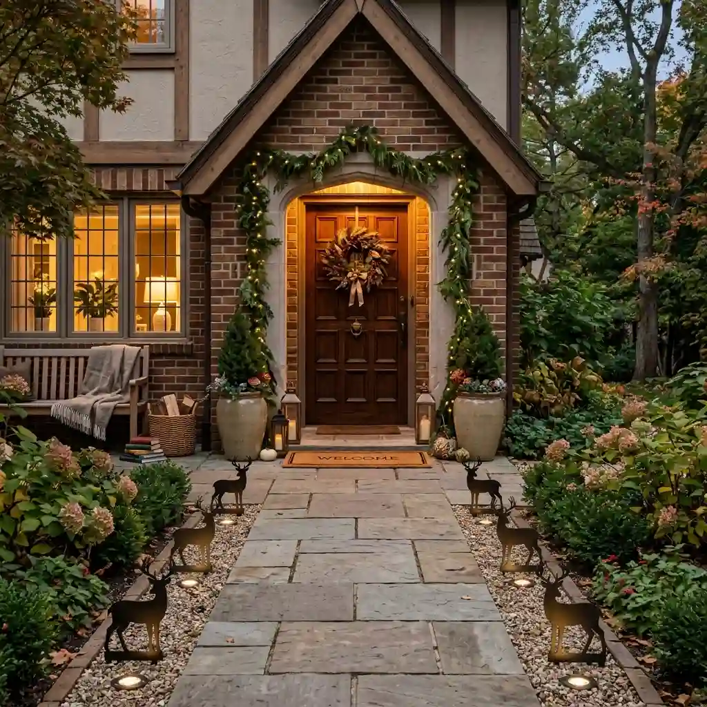 Front walk lined with matching staked silhouettes and low ground lights leading toward a decorated entry