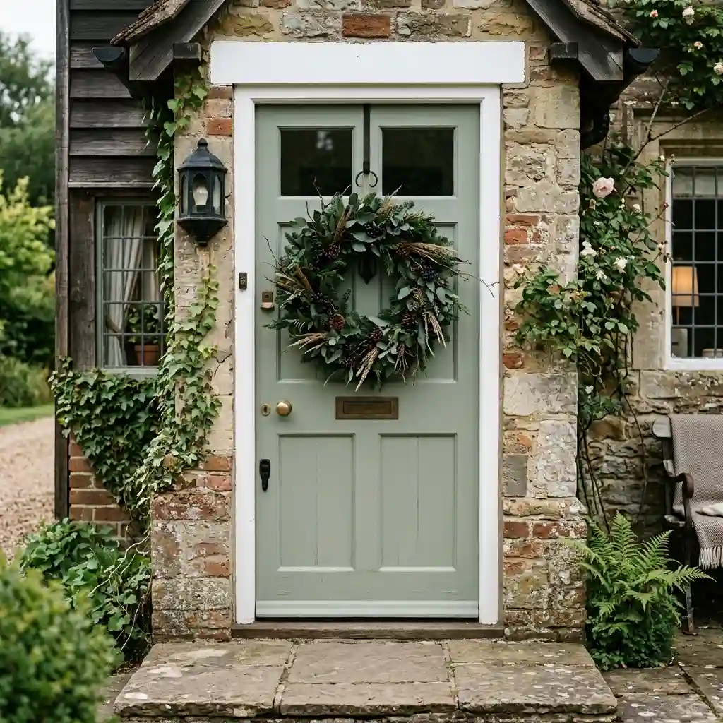 Sage green front door with a dried natural wreath sized to about two-thirds of the door width, showing even clearance on both sides