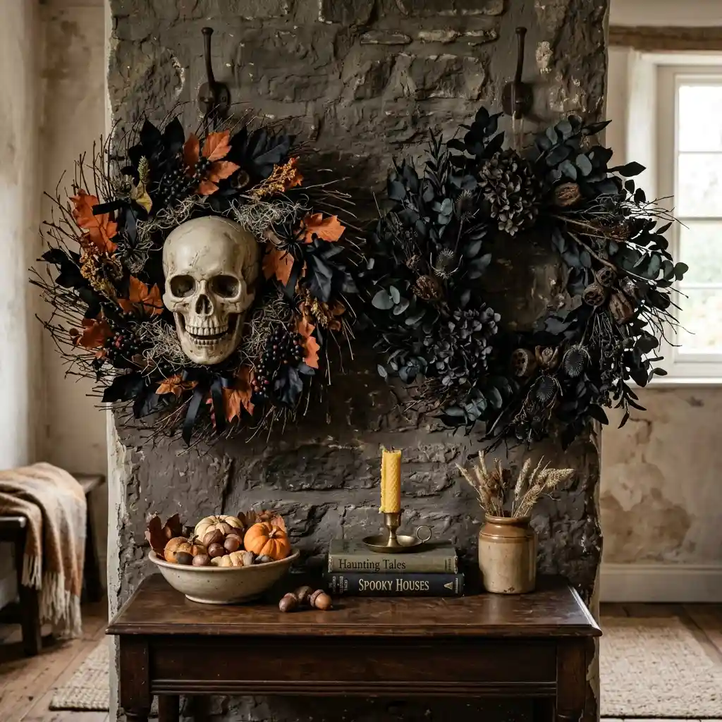 Two Halloween wreaths hung together on a stone chimney breast, one built around a pale skull with orange leaves and one made entirely from dark dried foliage