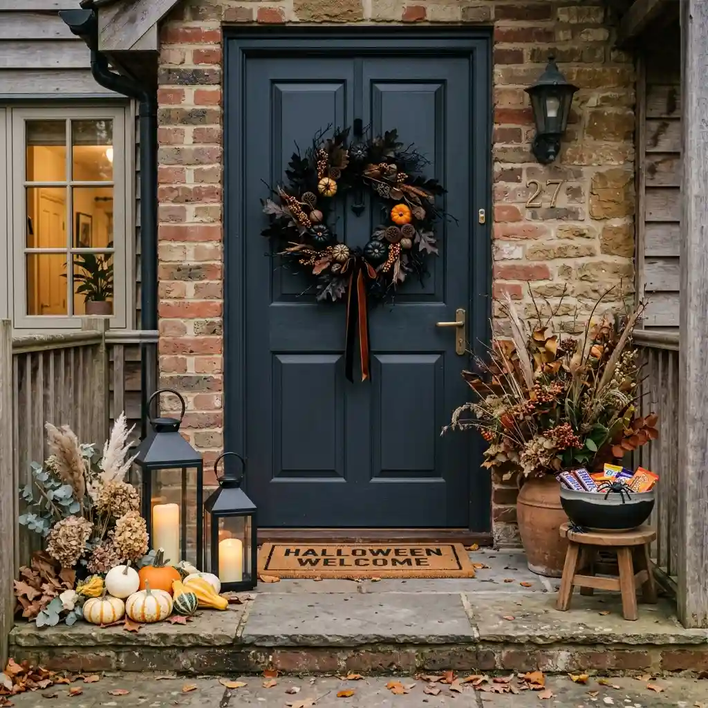Close view of a Halloween doorstep with a dark wreath on a navy door, matte black lanterns, gourds, dried stems and a bowl of candy