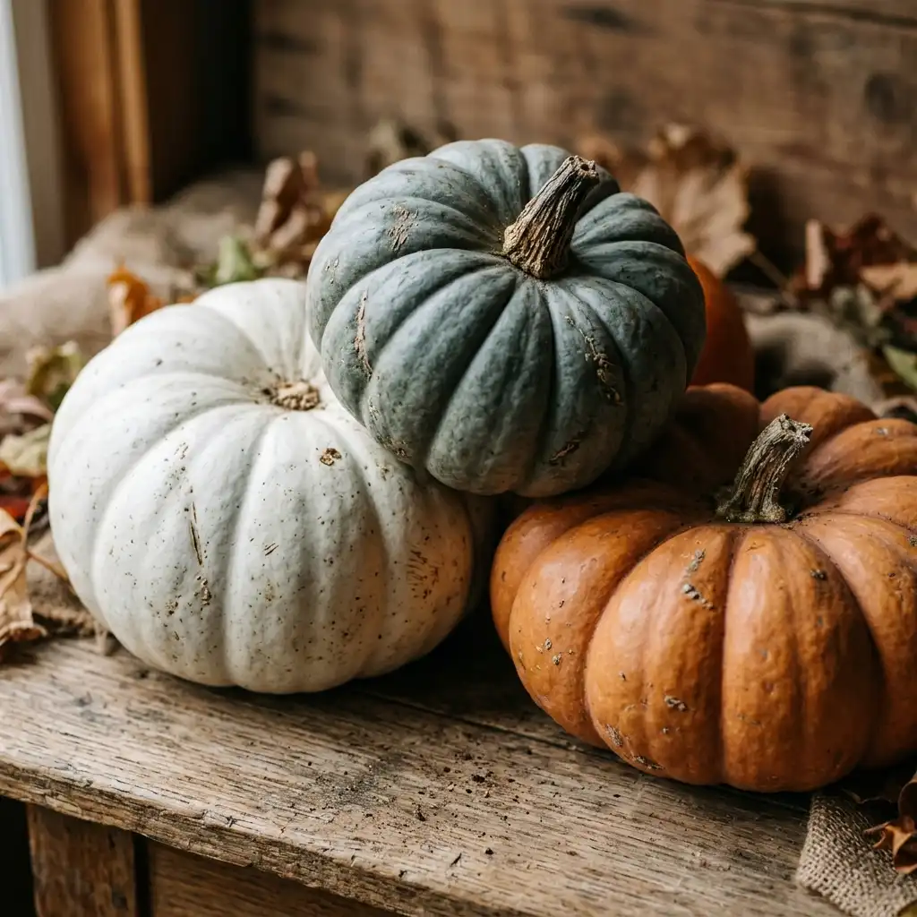 Close-up of heirloom pumpkins showing chalky white, ribbed blue-grey and flattened orange varieties together