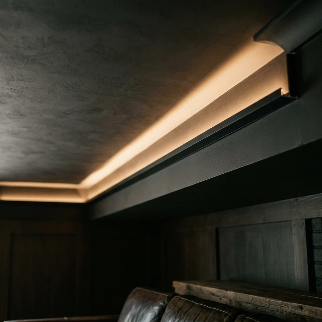 Ceiling cove with concealed LED strip in an aluminum channel producing an even band of light