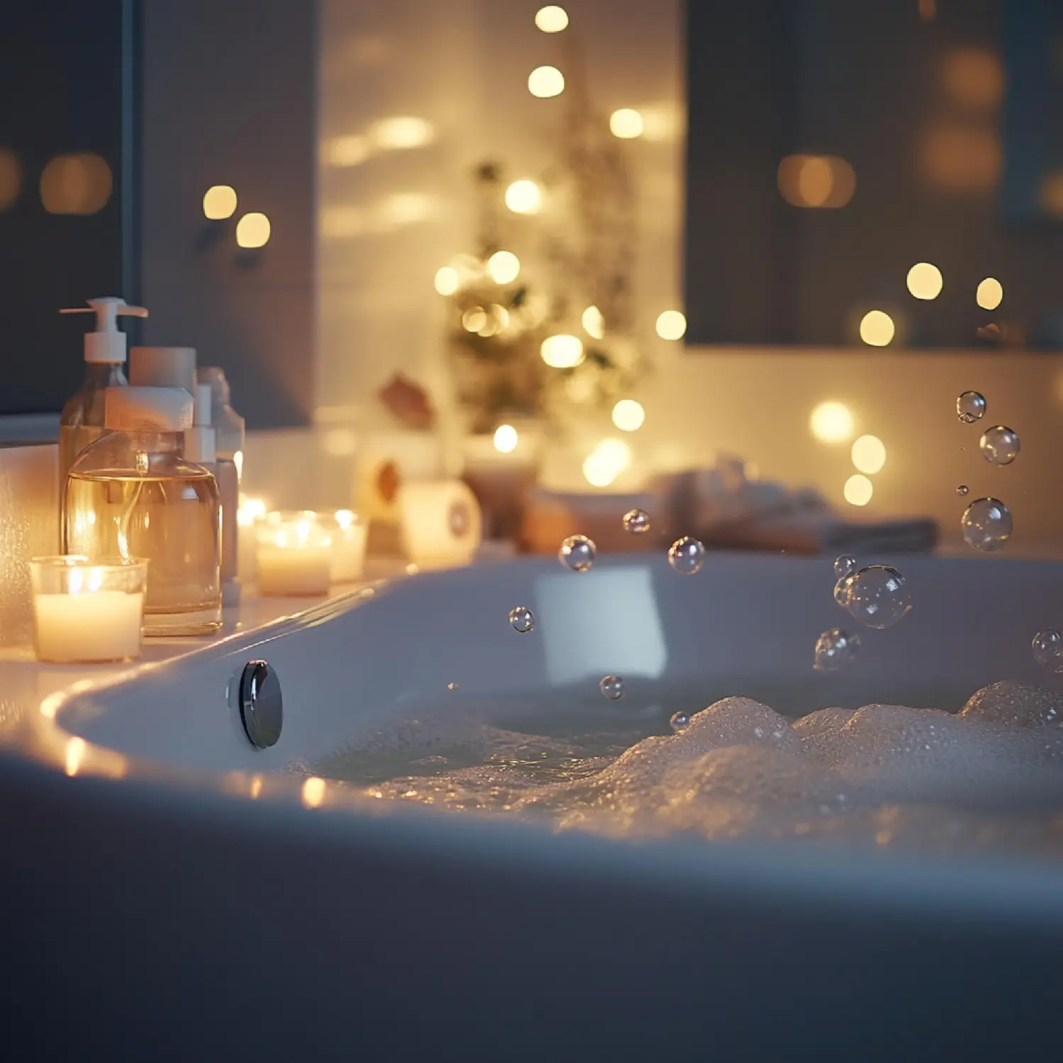 Single seasonal scented candle glowing on a bathroom shelf beside a small sprig of pine