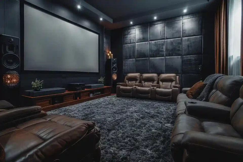 Charcoal cinema room with projector screen, rust sectional, walnut tables, wool rug, and warm wall sconces