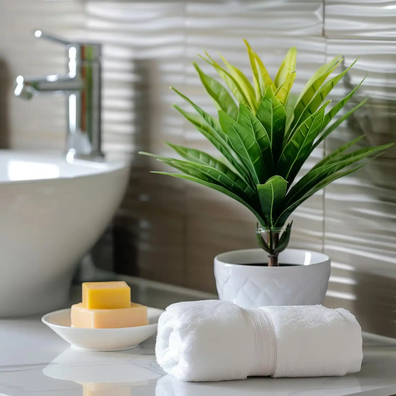 Steamy bathroom with ferns and leafy tropical plants near a glass shower and window