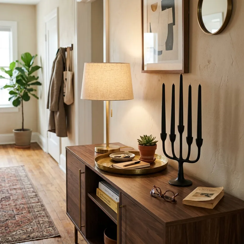 Console table holding a lamp, brass tray and one black taper cluster, with two removed objects set to one side