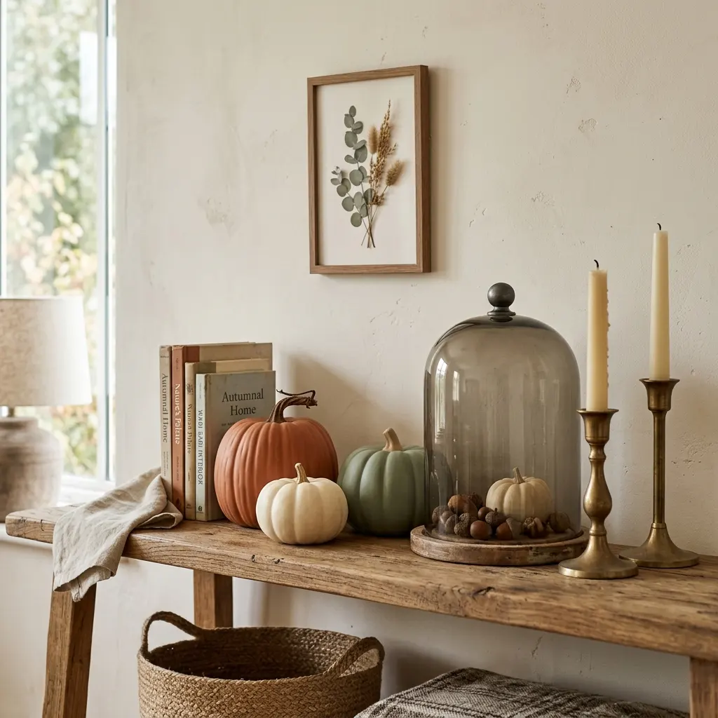 Matte ceramic pumpkins, a smoked glass cloche and unlacquered brass candlesticks grouped on a wooden shelf