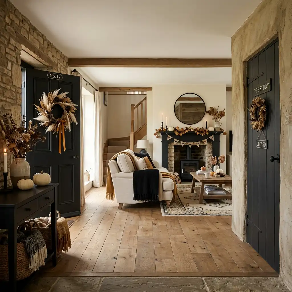 Indoor halloween decor across an open-plan living room and entry in matte black, cream and dried ochre tones