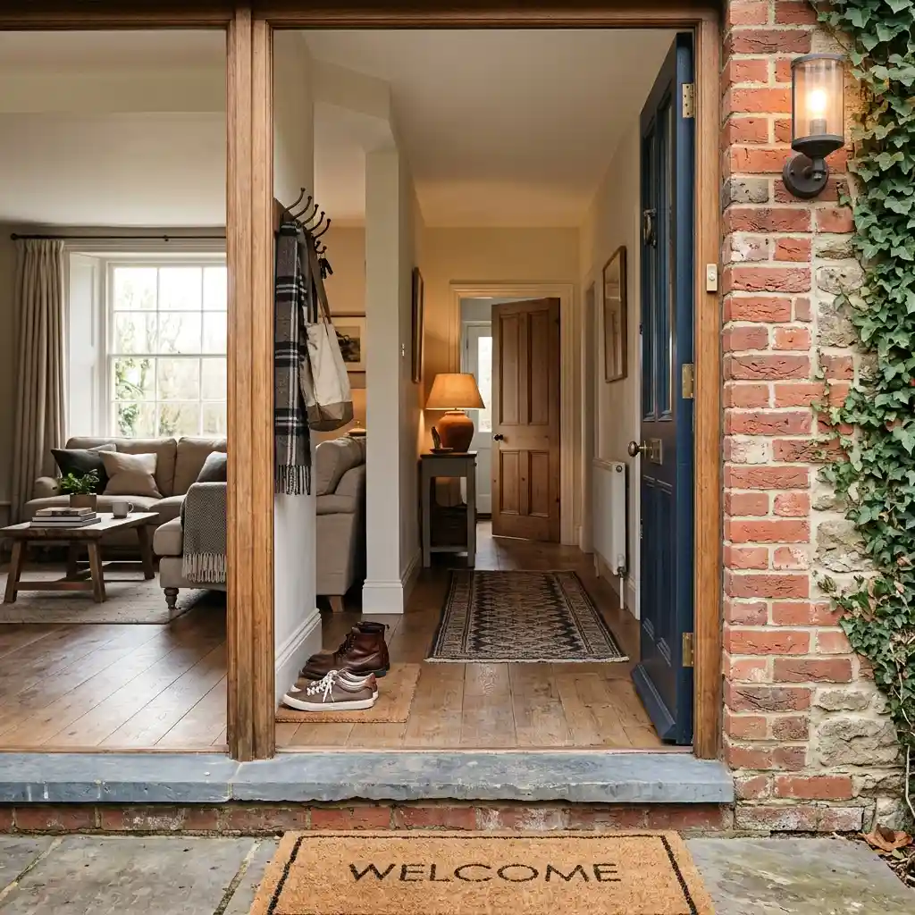 View from a front doormat looking into an open living room and hallway with a lit lamp in the distance