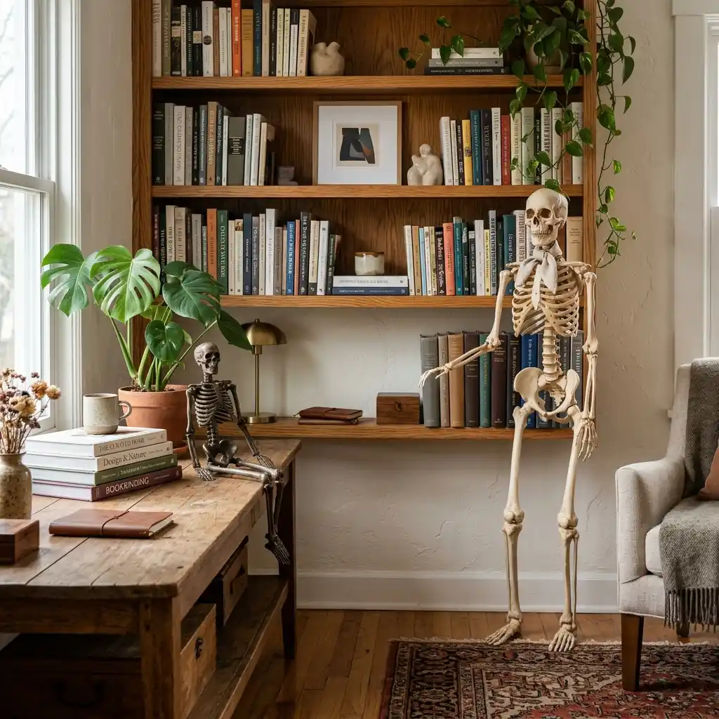 Small and mid-size skeleton figures shown beside a bookshelf and console to compare indoor decor scale