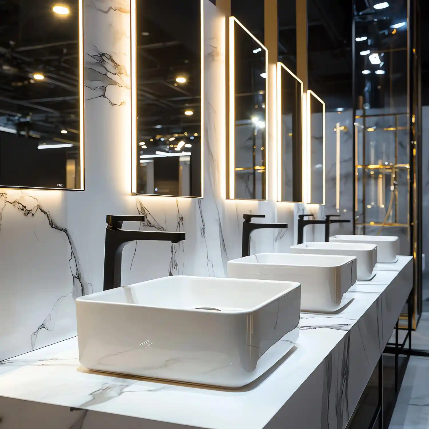 Flat lay of industrial bathroom materials including blackened steel hardware, brick tile, and walnut wood samples