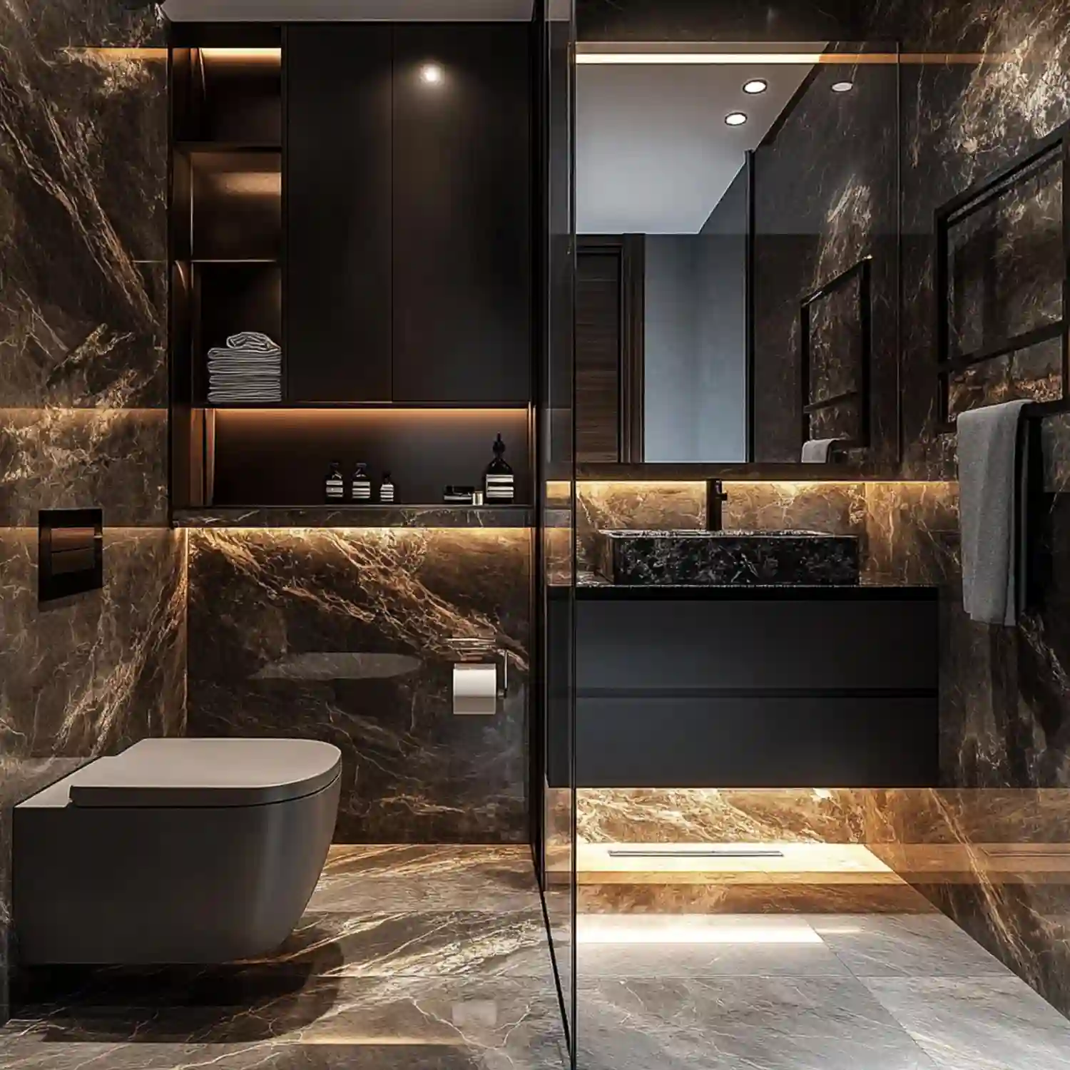 Close-up of concrete counter and exposed brick accent wall paired with a leather bath mat
