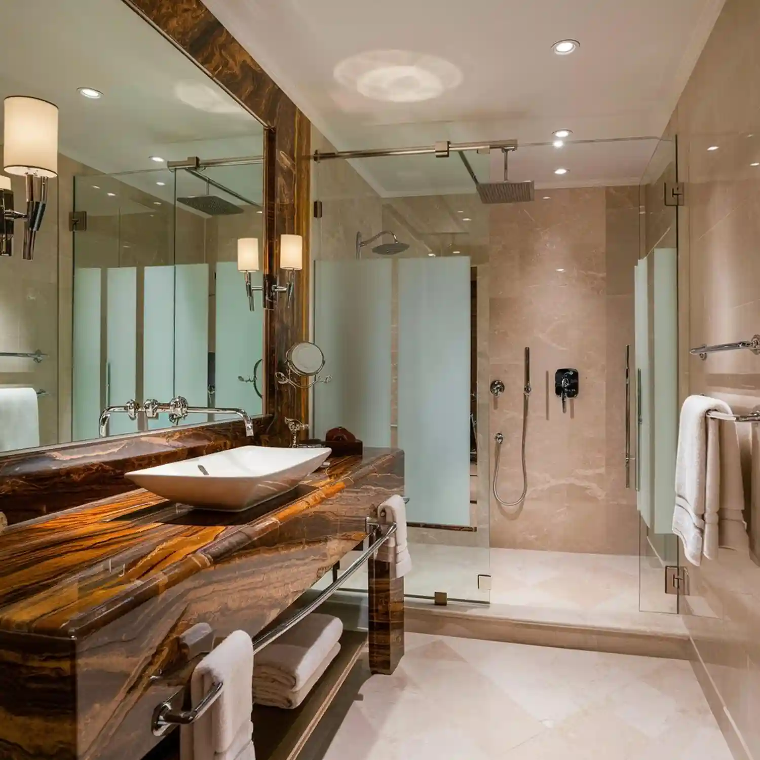 Industrial bathroom with concrete counter, exposed pipe shelving, black metal frames, and warm Edison sconces