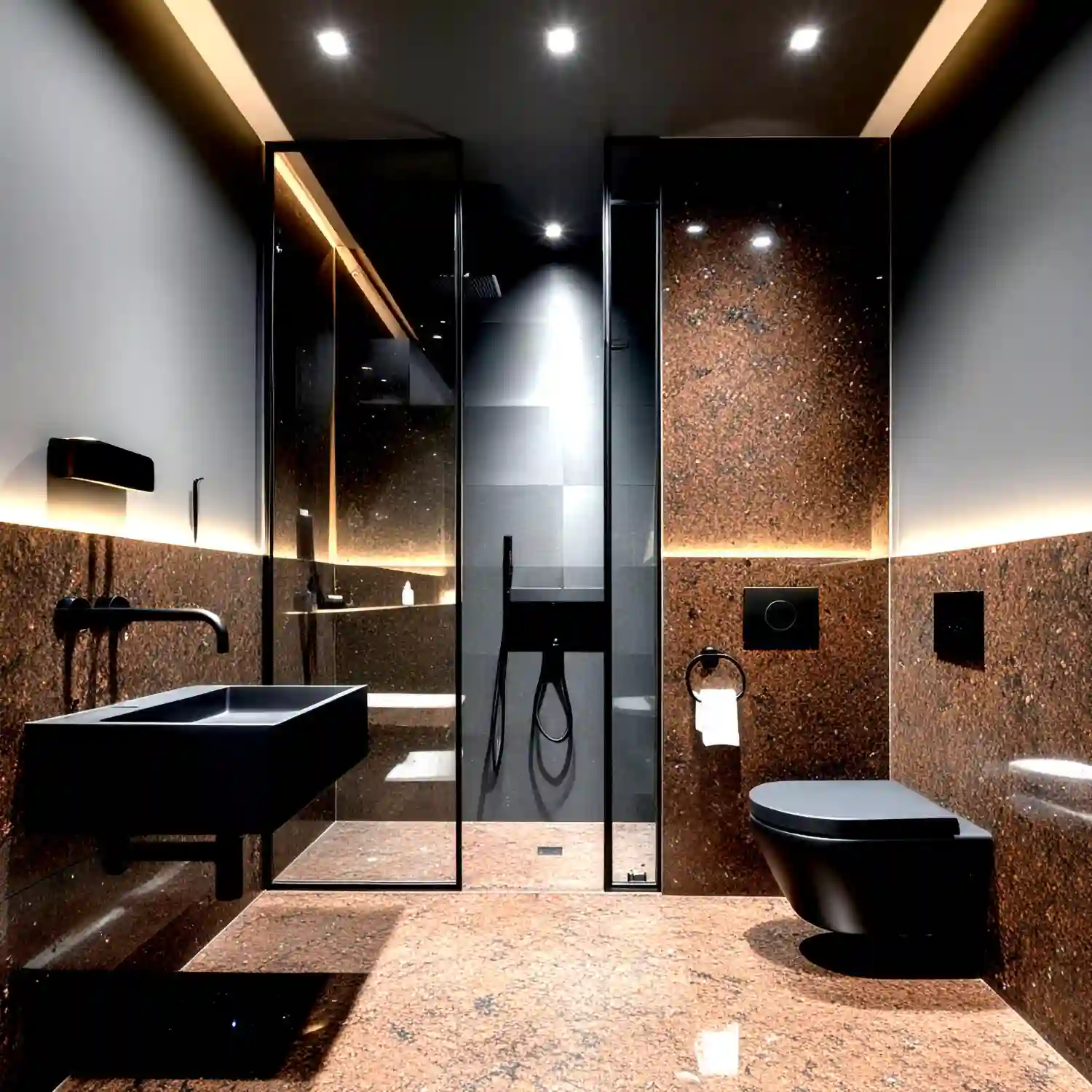 Industrial bathroom design palette mixing warm greige plaster, poured concrete, and blackened steel accents