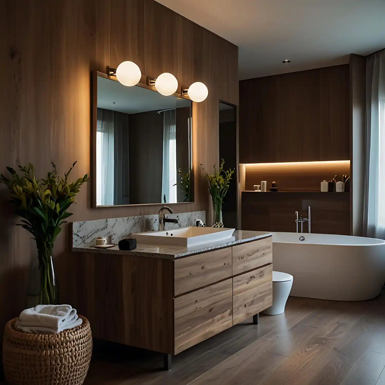 Warm industrial bathroom palette with putty greige walls, walnut vanity, and unlacquered brass fixtures