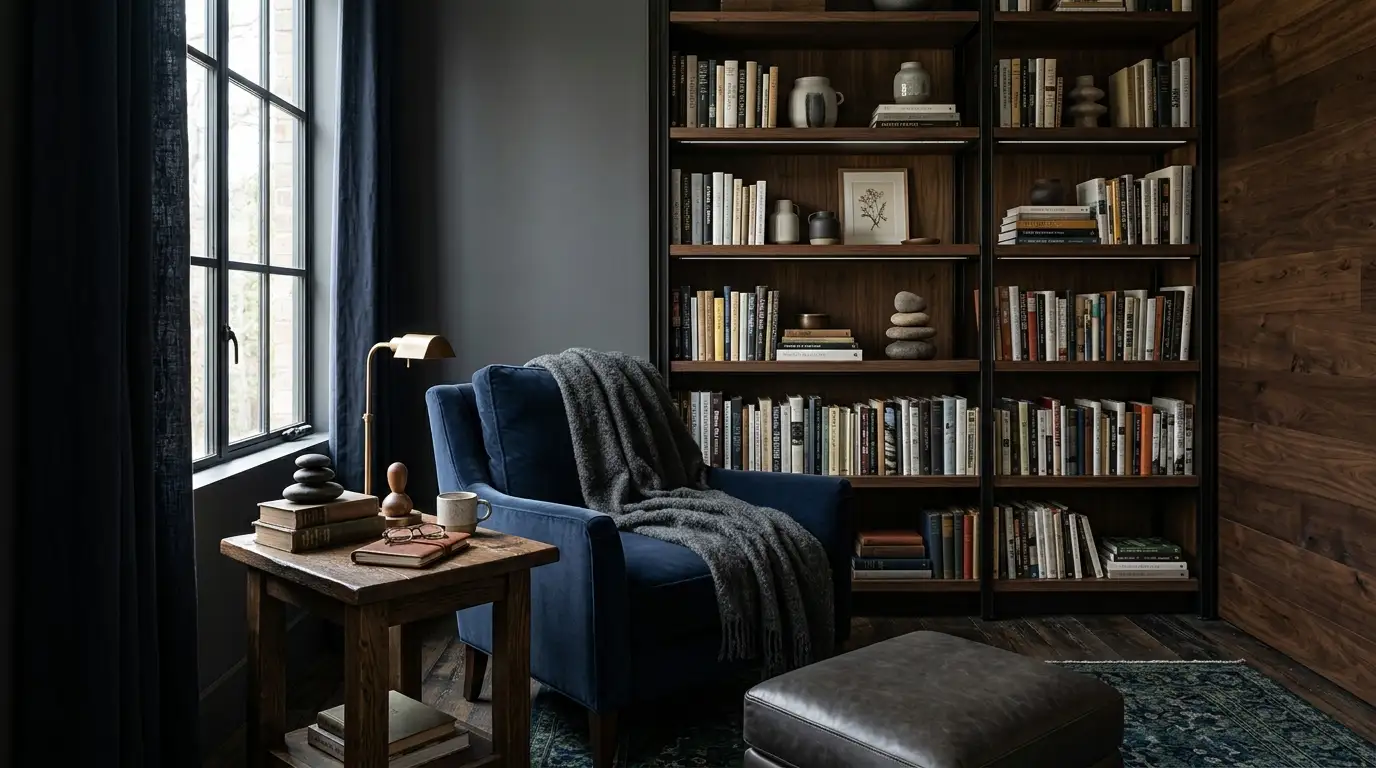 Industrial man cave with black iron pipe shelving, brick wall, aged leather sofa, and Edison bulbs