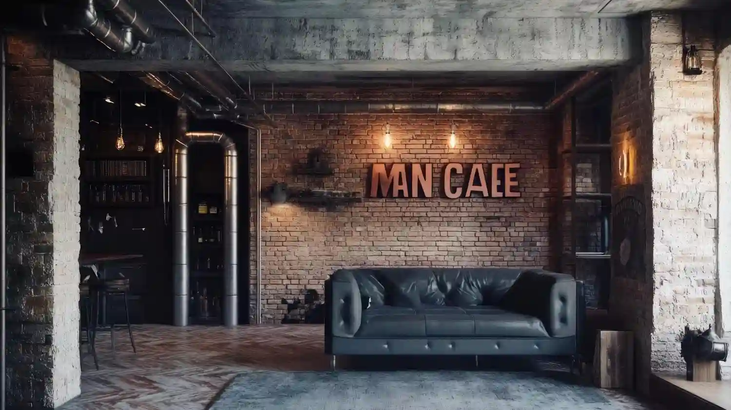 Industrial man cave with exposed brick wall, black steel shelving, and cognac leather sofa