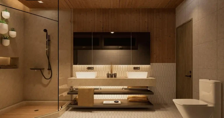 Japandi bathroom with a floating oak vanity, ceramic vessel sink, and matte black faucet