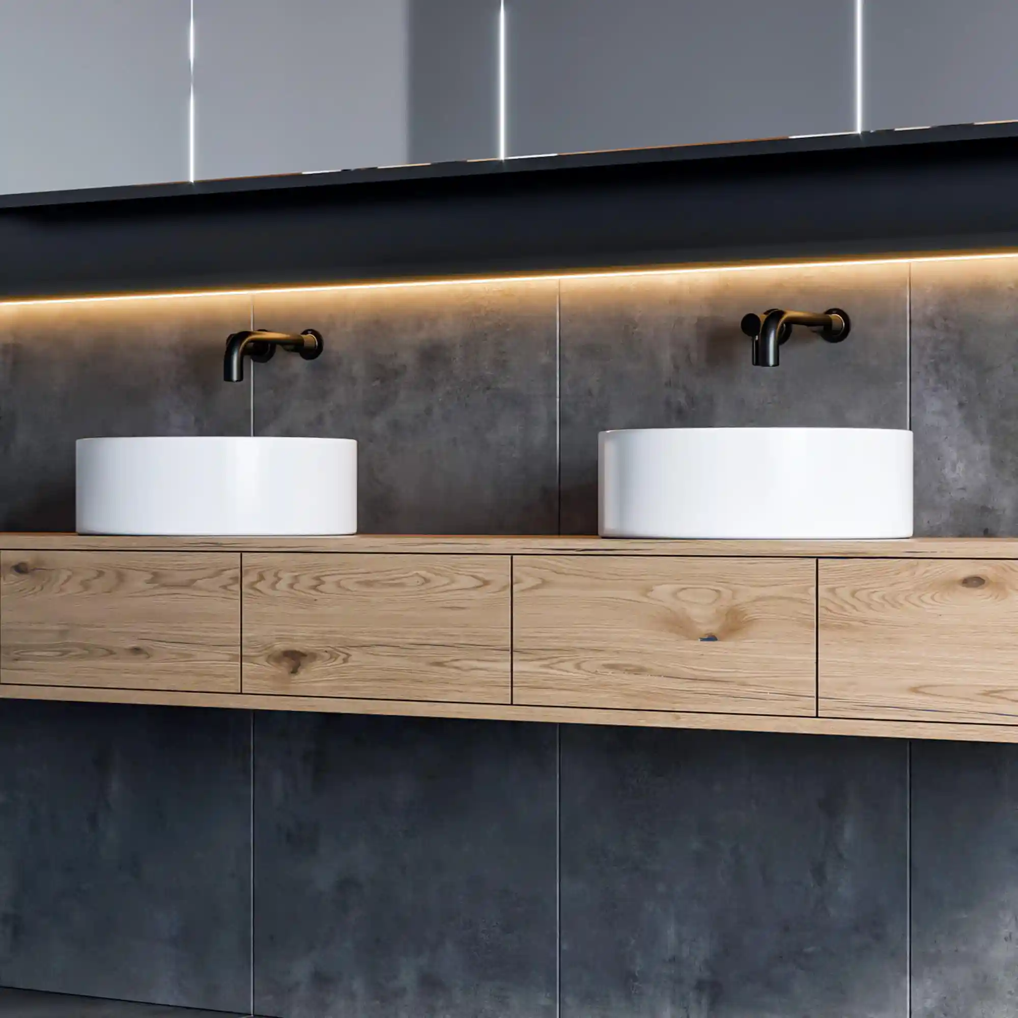 Floating oak vanity with hand-thrown ceramic vessel basin and matte black faucet