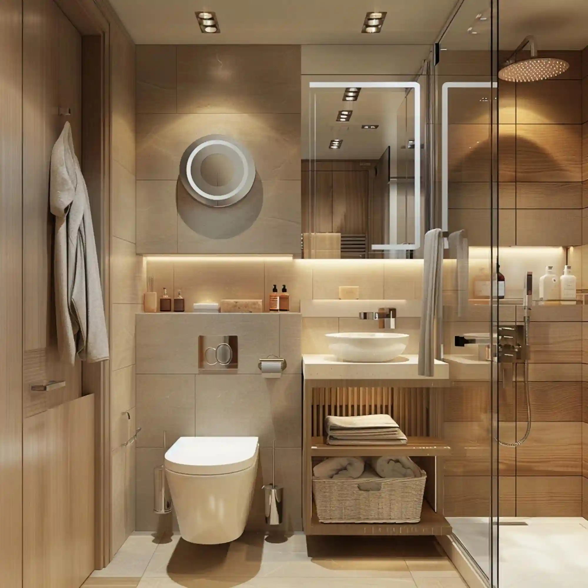 Collection of Japandi bathroom elements including oak wood, stone, and matte black fixtures