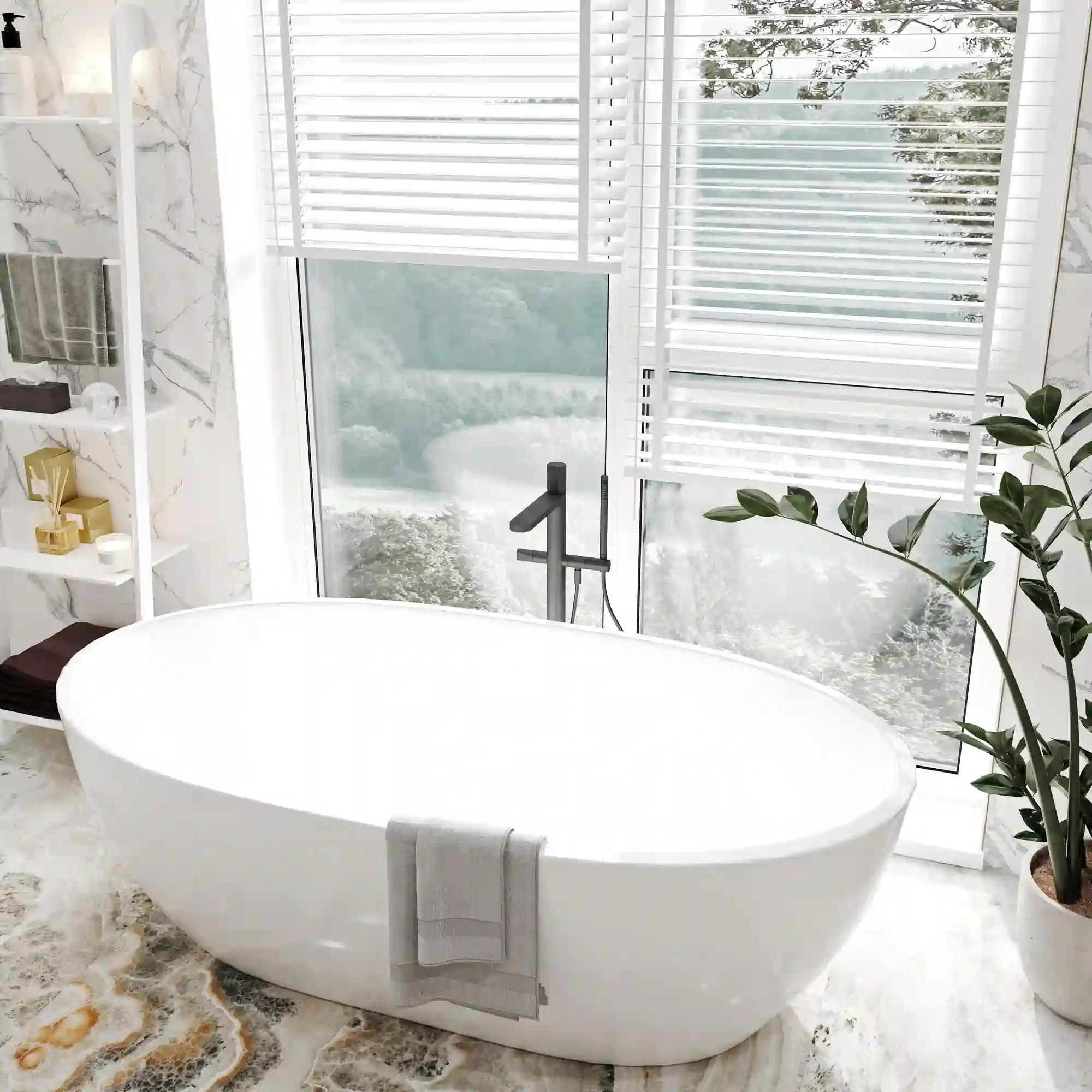 Low Japanese soaking tub surrounded by walnut wood decking in a small bathroom