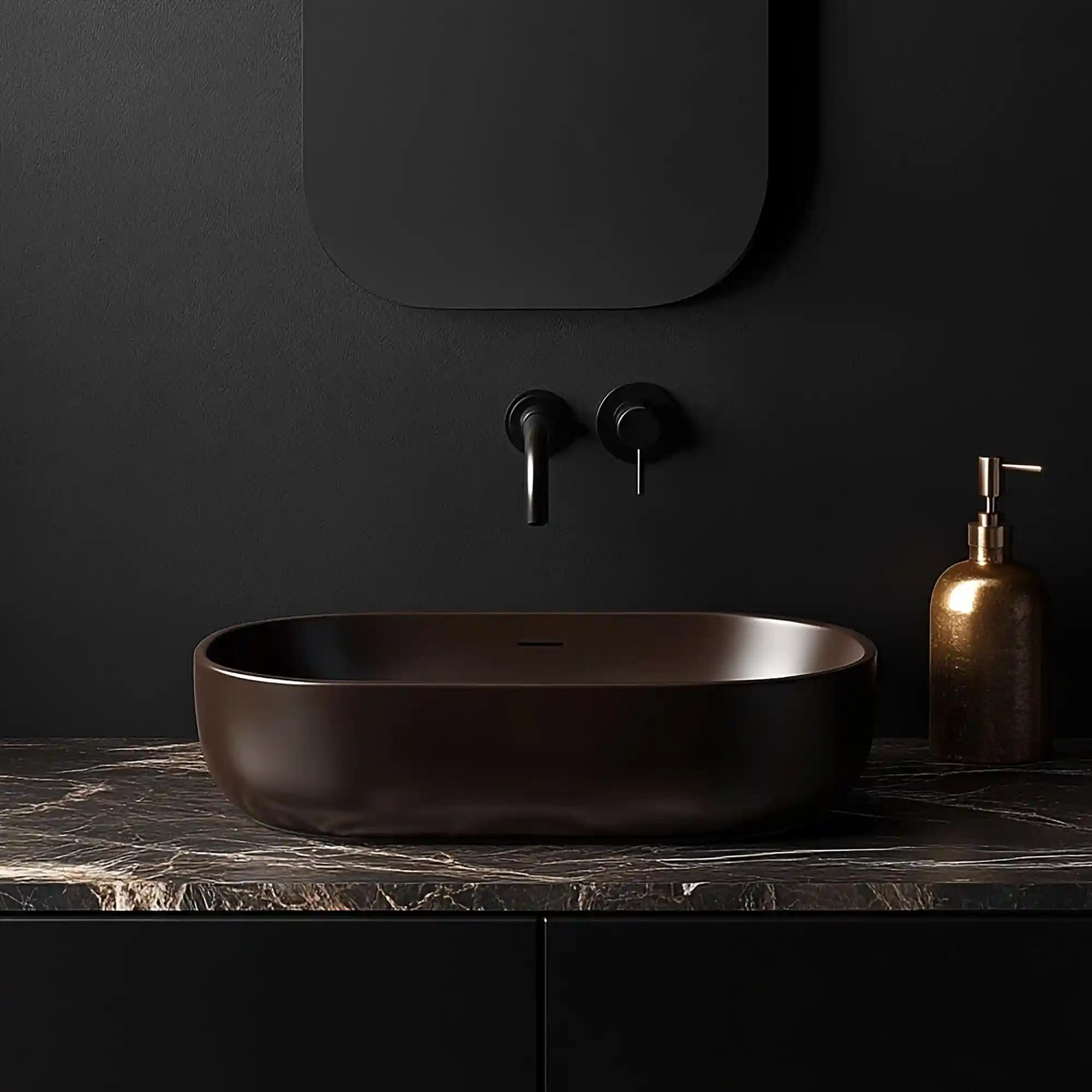 Matte black faucet and brushed brass towel hook mixed in a Japandi bathroom