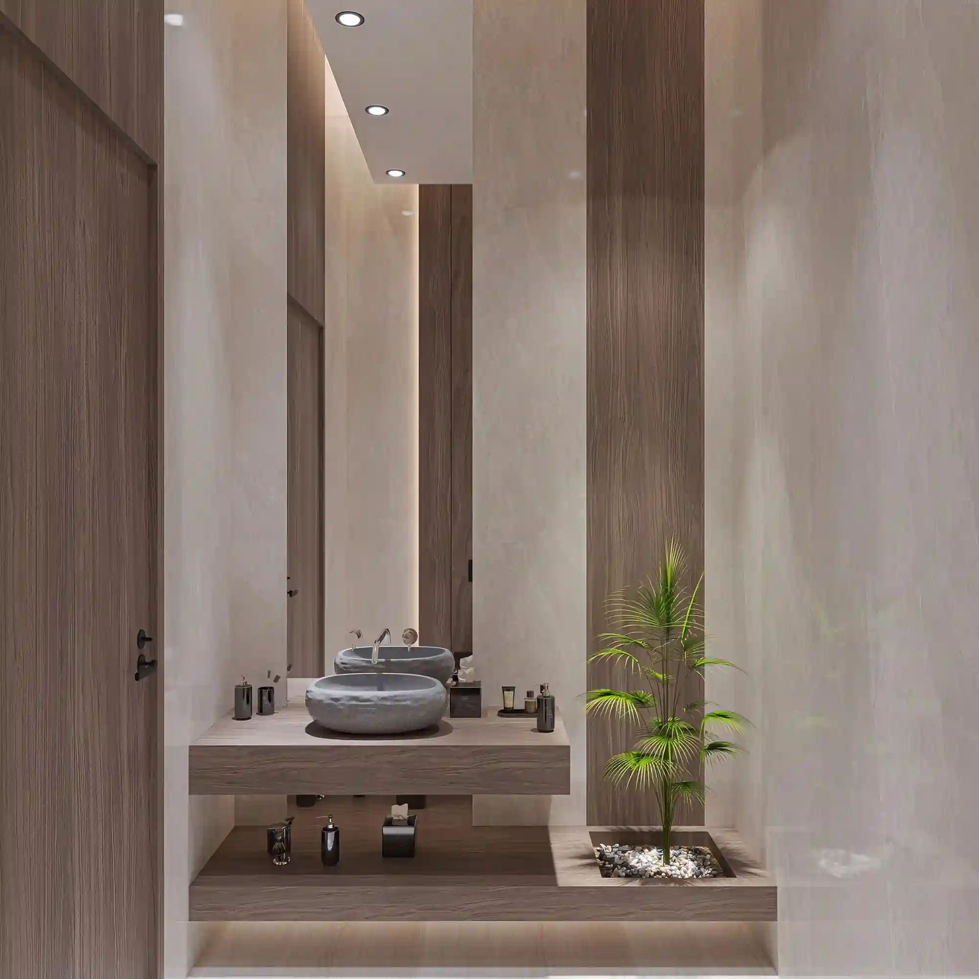 Warm neutral Japandi bathroom with oak vanity, limewash walls, and soft natural light