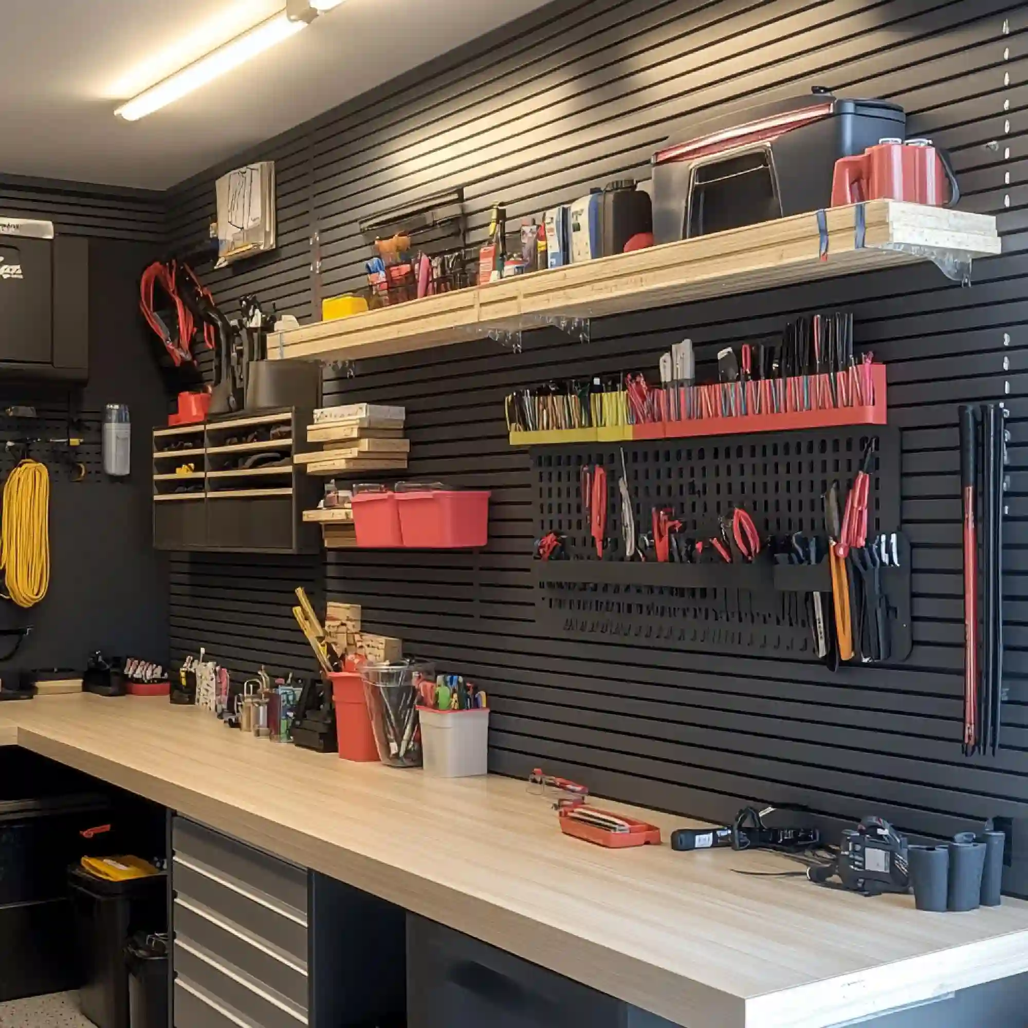 L-shaped butcher block workbench with a steel frame, positioned near a window with natural light