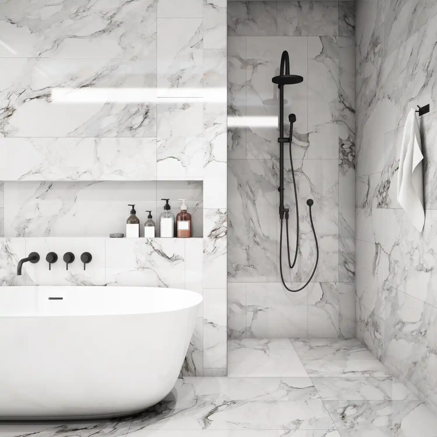 Shower wall in 12 by 24 inch porcelain tile with stone look and thin matched grout lines