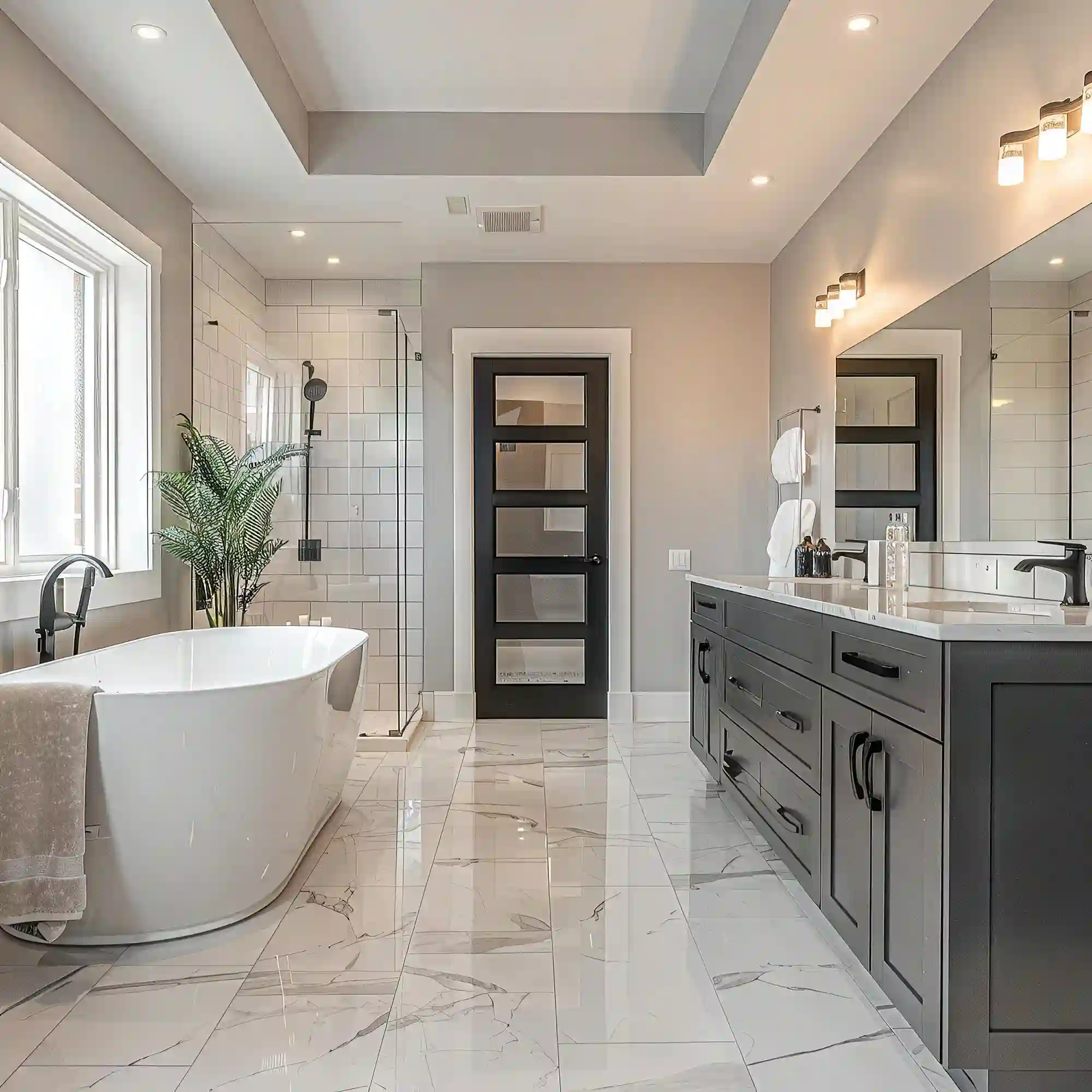 Large-format veined stone bathroom flooring with minimal grout lines