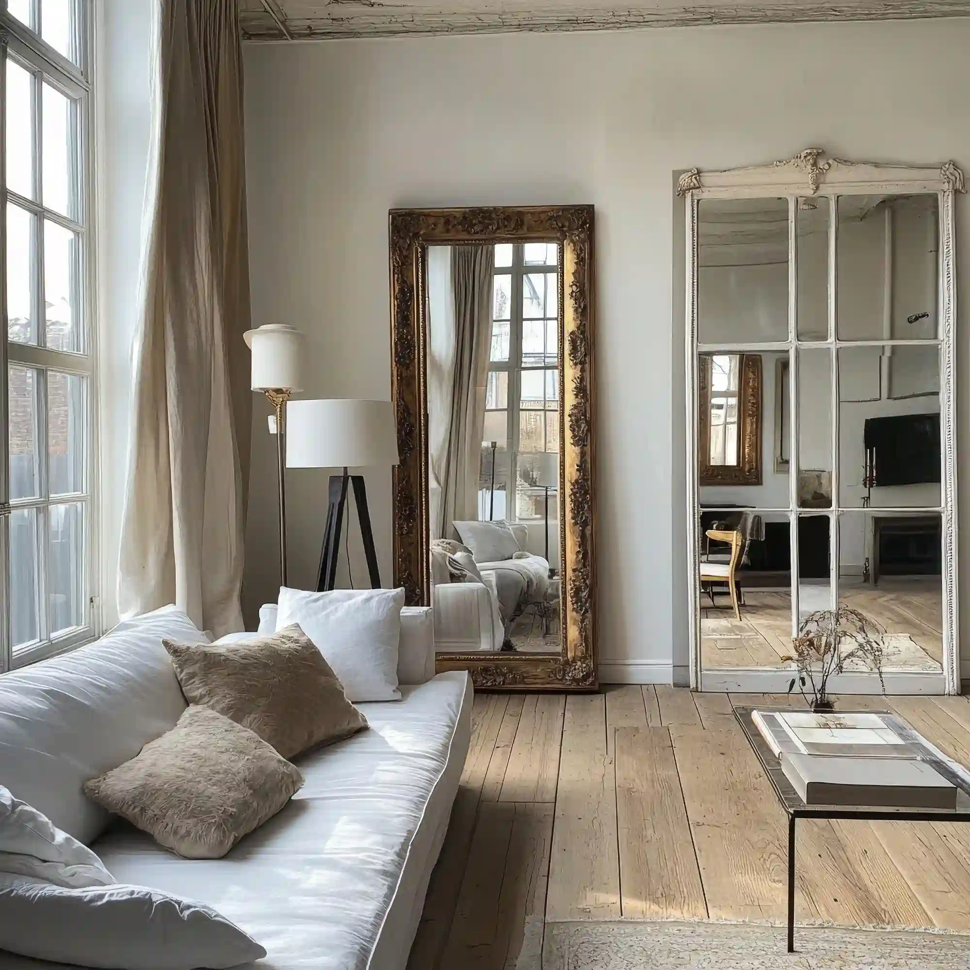 Oversized leaning arch mirror across from a window reflecting daylight in a small apartment