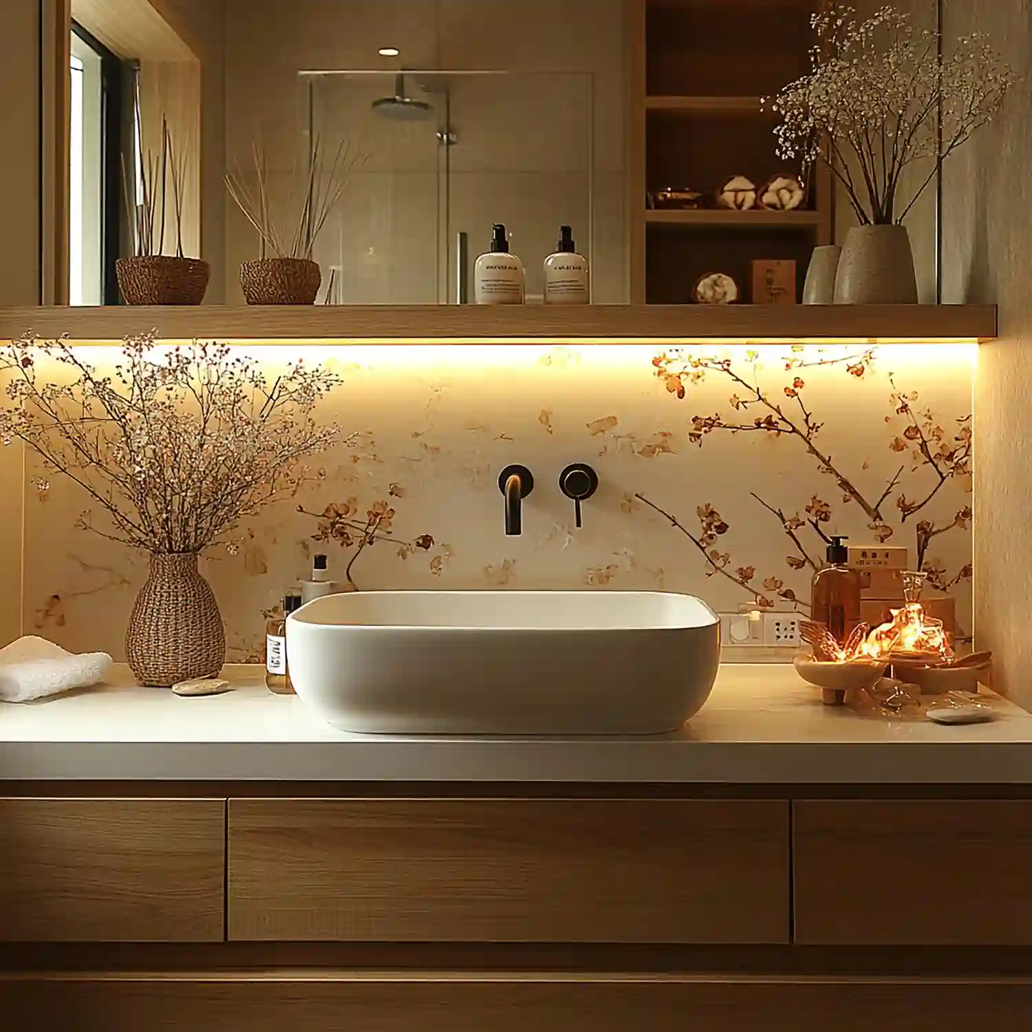 Bathroom with layered warm lighting including mirror-side sconces and a dimmable ambient light