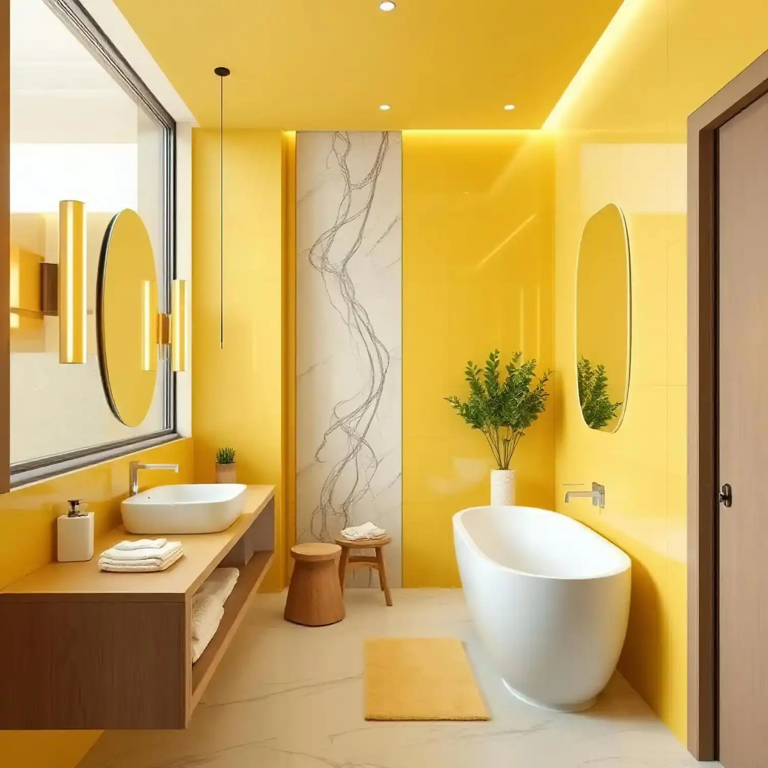 Warm bathroom with wall sconces flanking the mirror and soft ambient ceiling light layered together