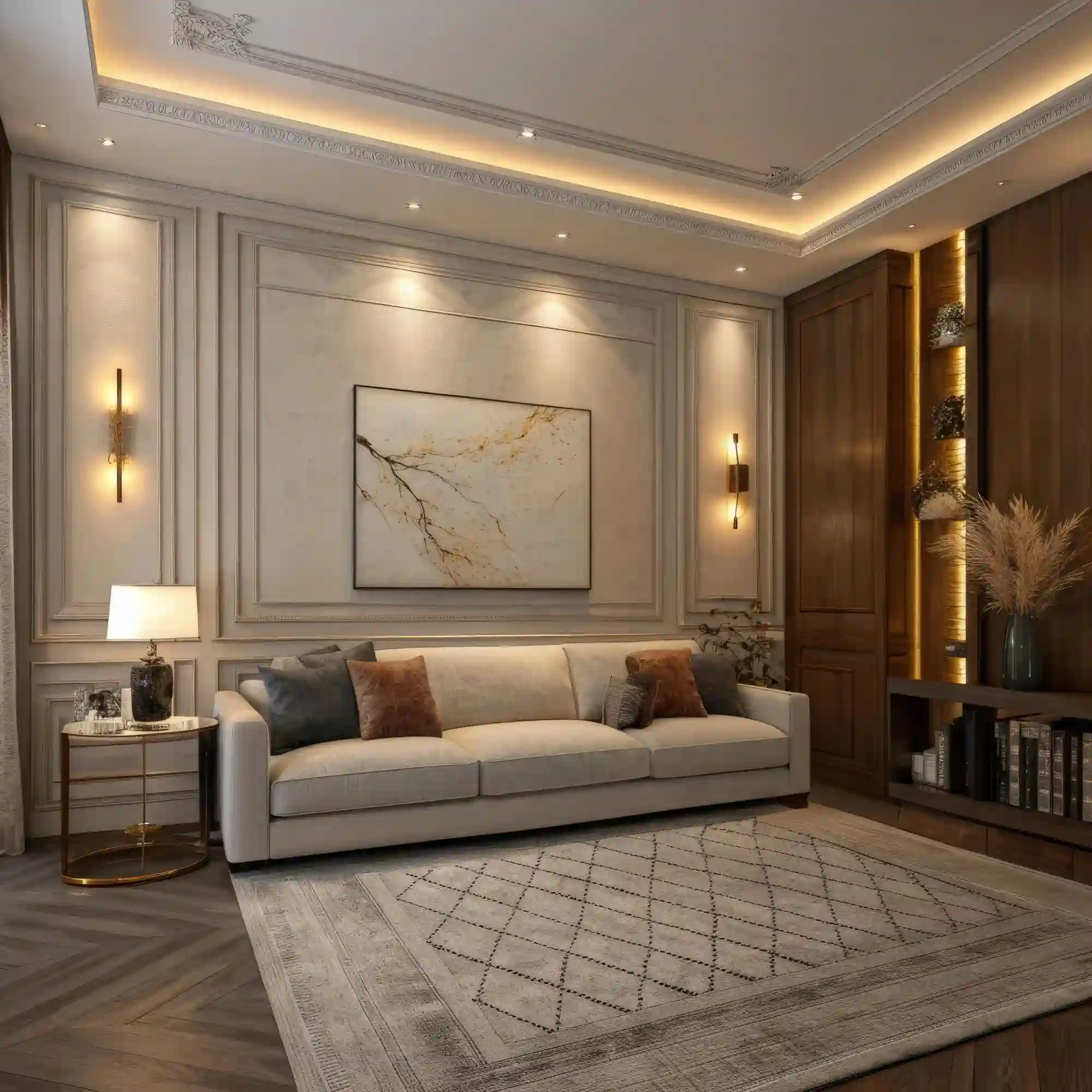Warm 2700K floor lamp and table lamp layering soft light in a cozy apartment corner