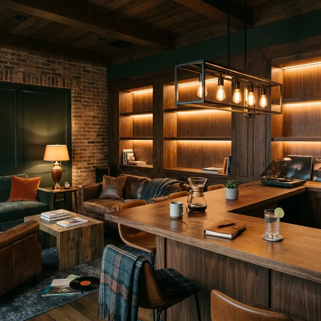 Man cave lighting layered with warm lamps, hidden strip glow, and a bar pendant over the counter