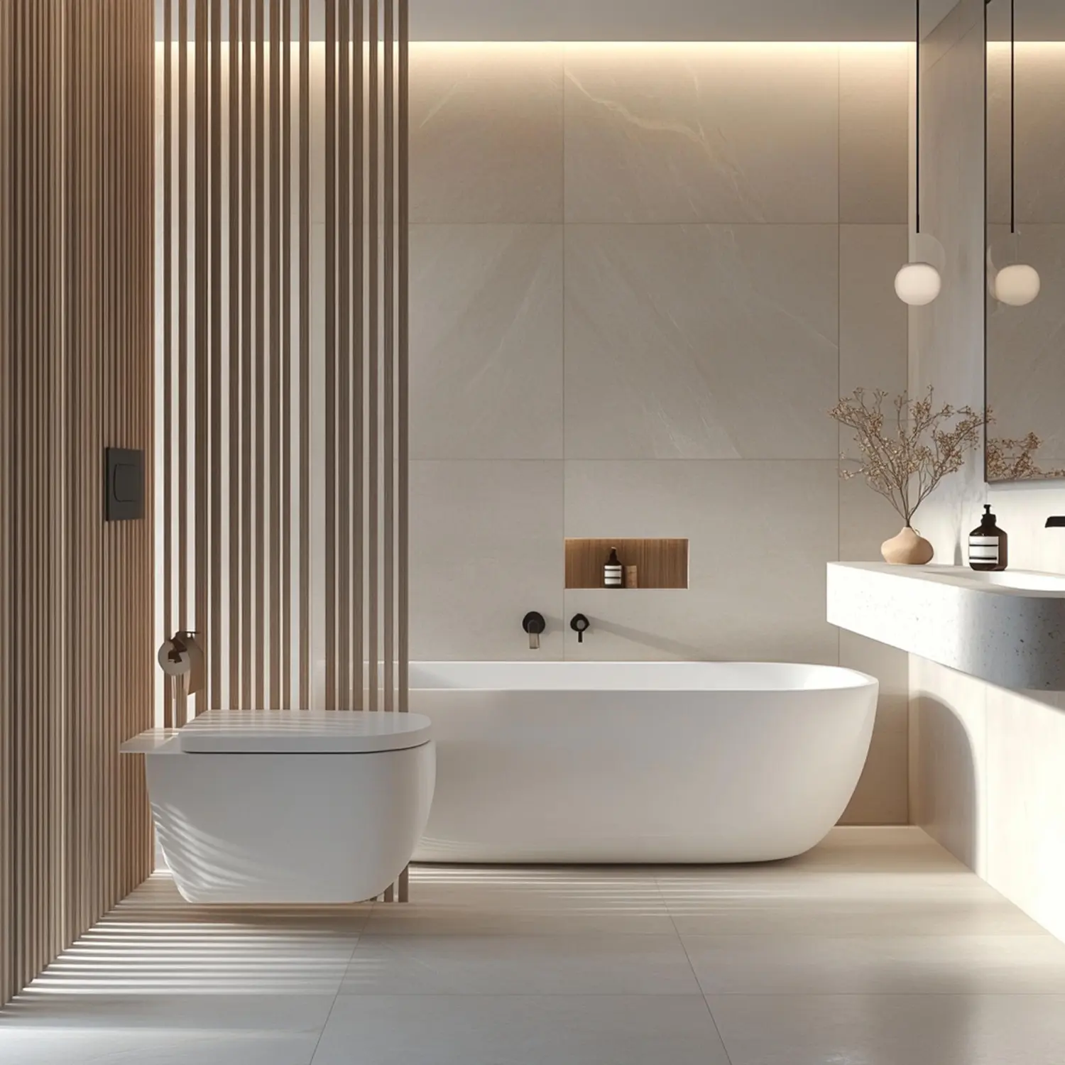 White bathroom layering warm wall white, brighter trim white, and a soft greige vanity