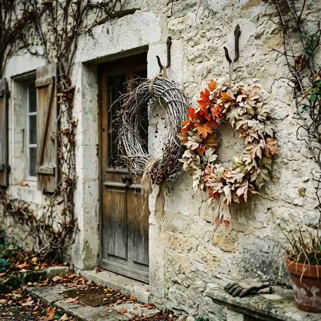 Dense fall leaf wreath with burgundy and gold foliage fully covering the wire form