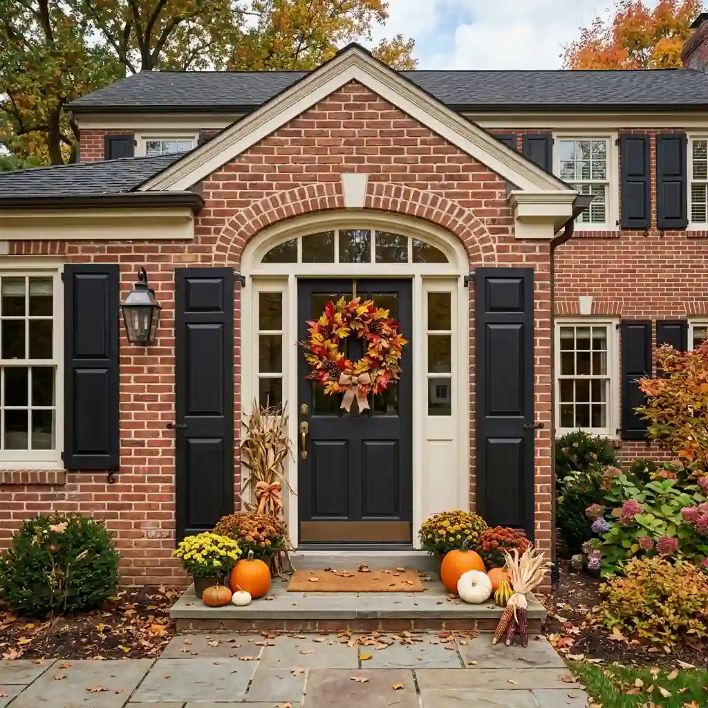 Full leaf-covered fall wreath on a traditional brick entry with black shutters