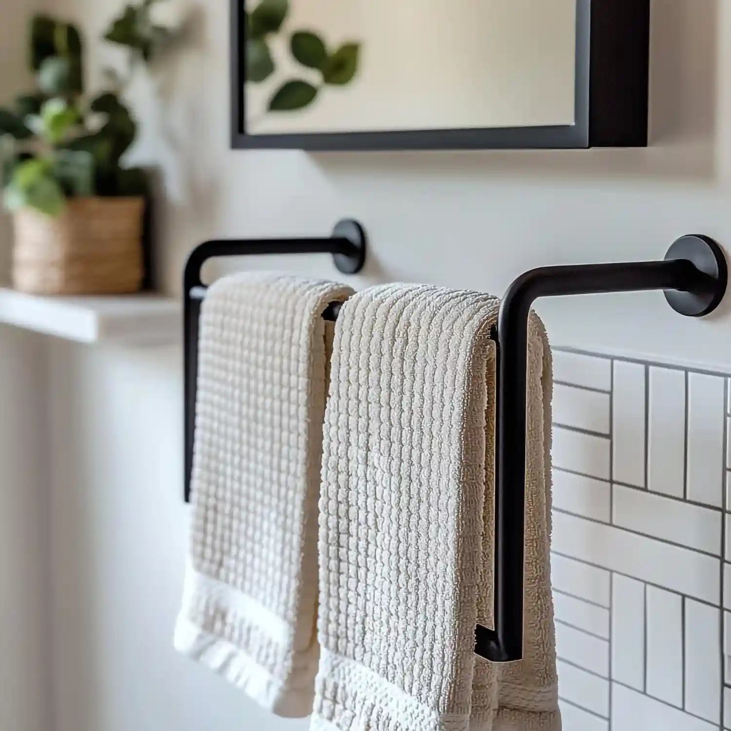 Warm oak leaning towel ladder against a tile wall with four folded neutral towels on the rungs